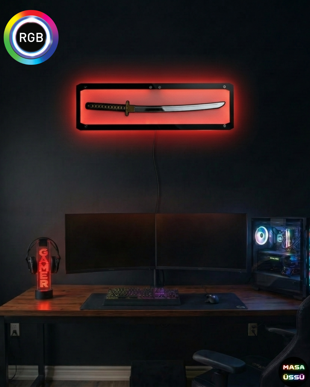 Katana Samuray Kılıcı Tasarımlı RGB LED Işıklı Duvar Lambası